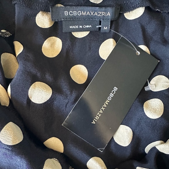 NWT BCBGMaxAzria Silk Black & Tan Dot Tank, Striped Accents, Bow in Back, Sz M - Picture 3 of 4